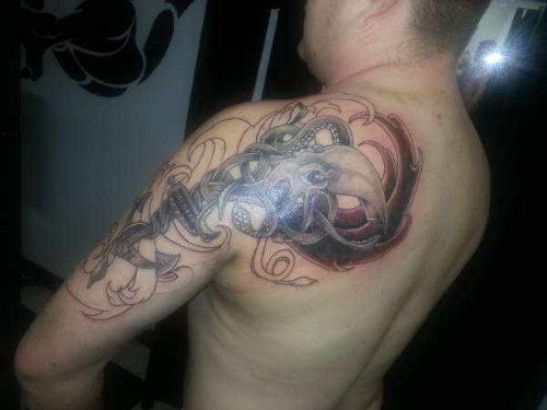 Grey Ink Navy Tattoo On Man Left Half Sleeve