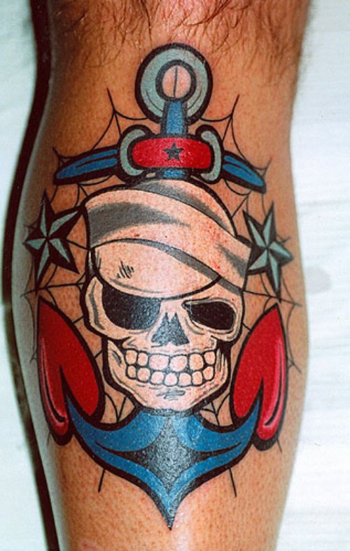 Skull And Colored Navy Anchor Tattoo On Leg