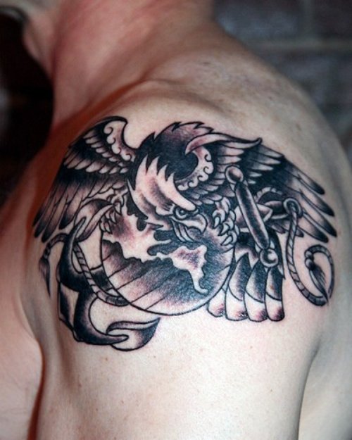 Awesome Grey Ink Navy Tattoo On Man Left Shoulder