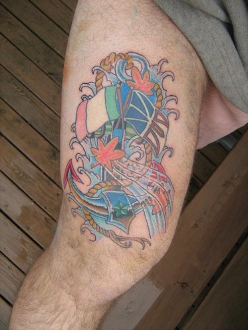 Colored Navy Tattoo On Right Thigh