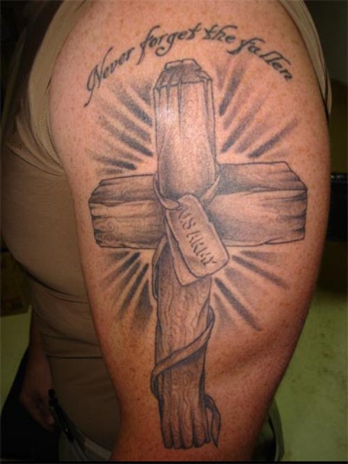 Grey Ink Cross Navy Tattoo On Half Sleeve
