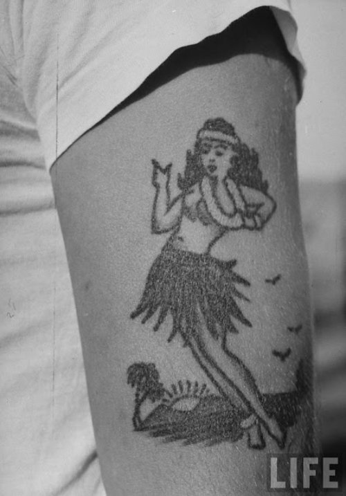 Grey Ink Navy Girl Tattoo On Half Sleeve