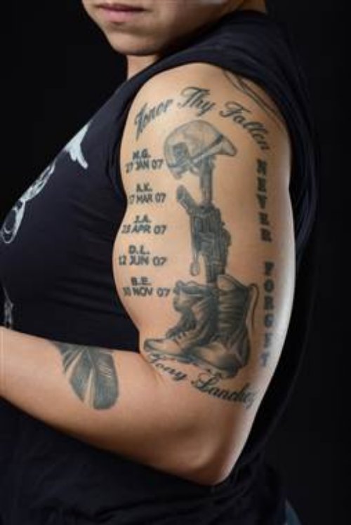 Grey Ink Navy Tattoo On Half Sleeve