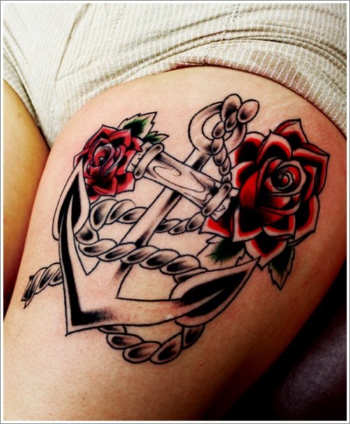 Red Rose Flowers and Navy Tattoo On Left Thigh