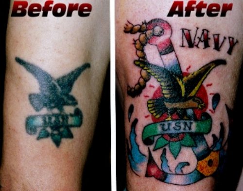 USN Banner And Anchor Navy Tattoo On Half Sleeve