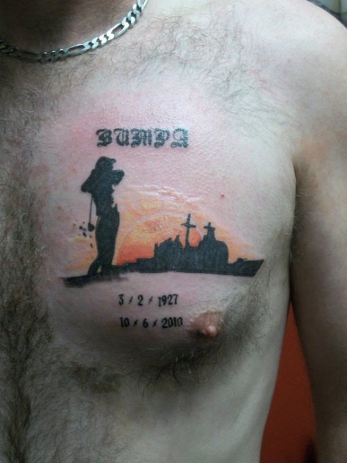 Black Ink Memorial Navy Tattoo On Man Chest
