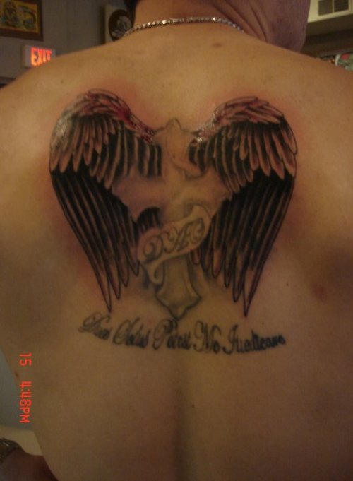 Angel Winged Cross Navy Tattoo On Back