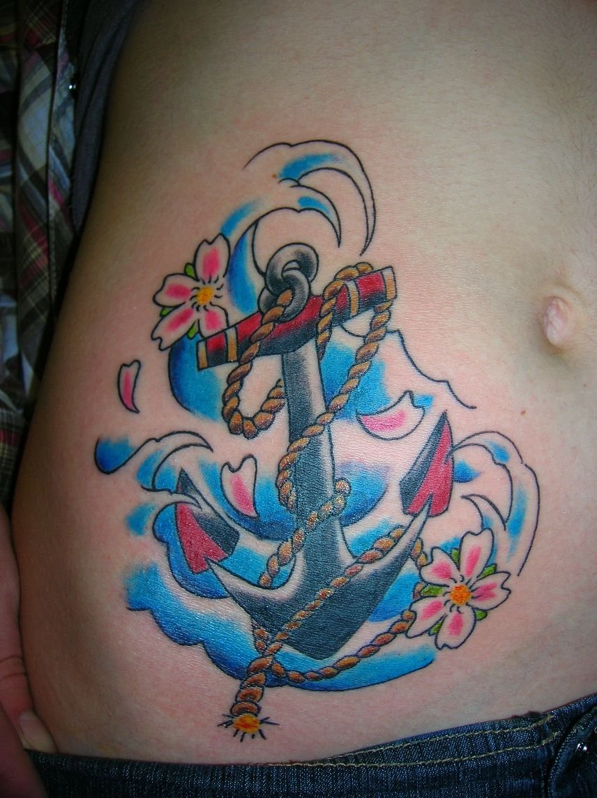 Color Flowers And Navy Tattoo On Right Hip