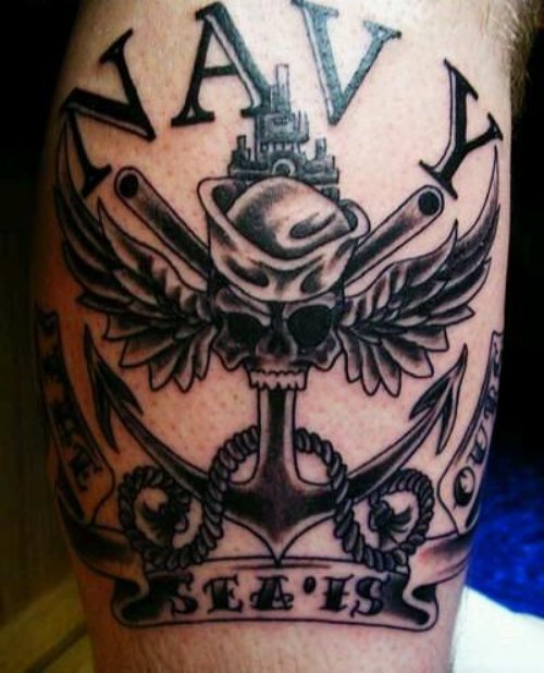 Attractive Grey Ink Navy Tattoo On Bicep