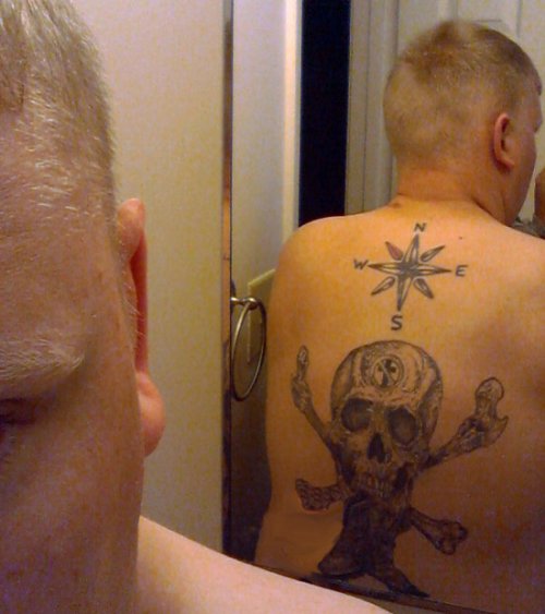 Grey Ink Michael Wheeler Crossbuster Navy Tattoo On Back