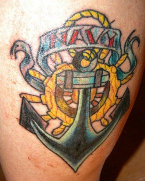 Color Ink Anchor And Navy Banner Tattoo