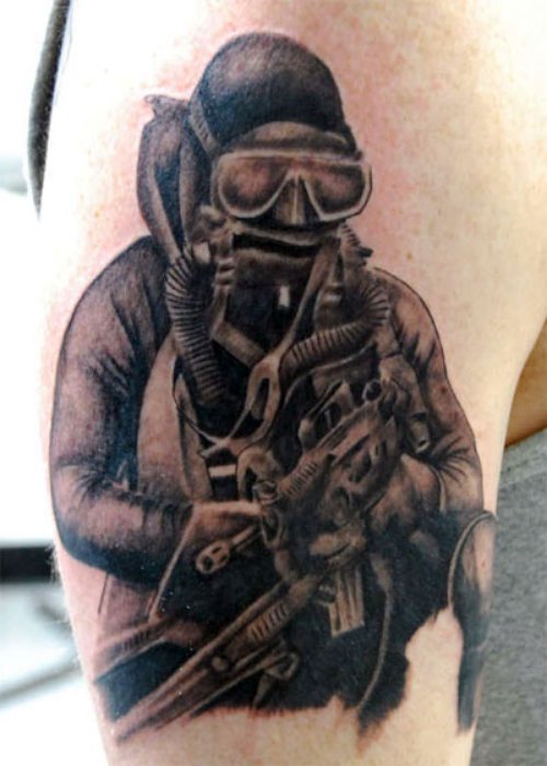 Dark Ink Navy Tattoo On Half Sleeve