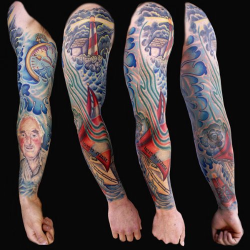 Color Light House Navy Tattoo On Sleeve