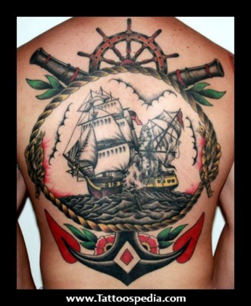 Navy Ship Tattoo On Back Shoulder