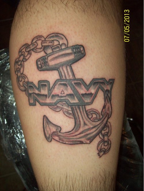 Grey Ink Anchor With Chain Navy Tattoo