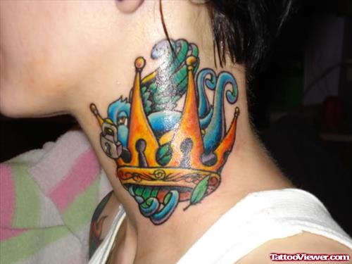 Colored Crown And Bird Neck Tattoo