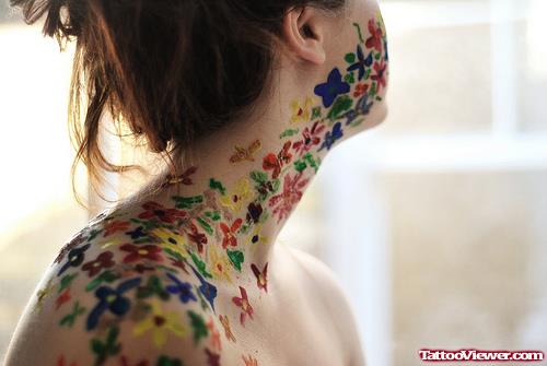 Colored Butterflies Neck And Face Tattoo
