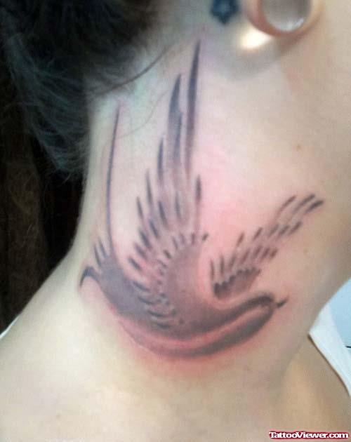 Grey Ink Flying Swallow Neck Tattoo