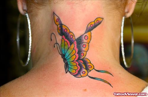 Colored Ink Butterfly Back Neck Tattoo