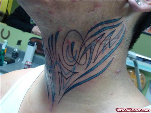 Blue Ink Tribal Neck Tattoo