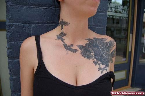 Black Ink Birds Neck Tattoo
