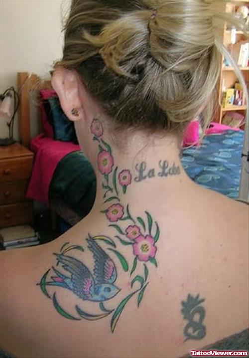 Flowers And Flying Bird Neck Tattoo