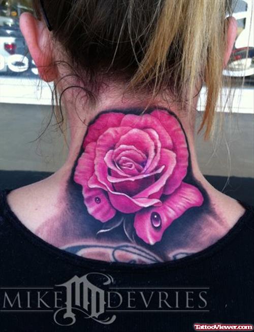 Amazing Pink Rose Flower Back Neck Tattoo