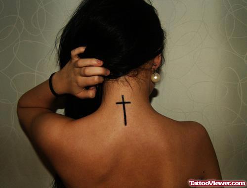 Awful Black Ink cross Back Neck Tattoo