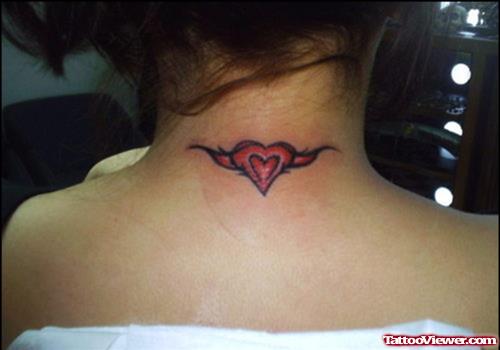Tribal Red Heart Back Neck Tattoo