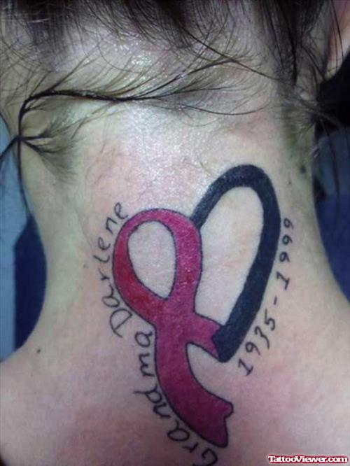 Ribbon And Heart Neck Tattoo