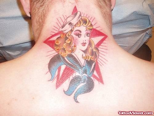 Red Nautical Star and Girl Head Neck Tattoo