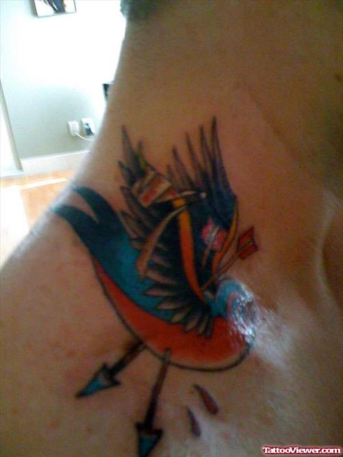 Colored Ink Swallow With Arrows Neck Tattoo
