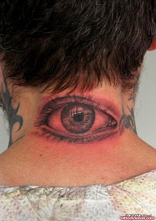 Grey Ink Large Eye Back Neck Tattoo