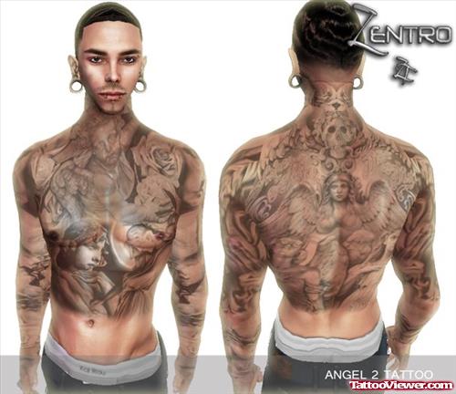 Grey Ink Angels Full Body And Neck Tattoo