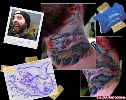 Colored Ink Shark Neck Tattoo