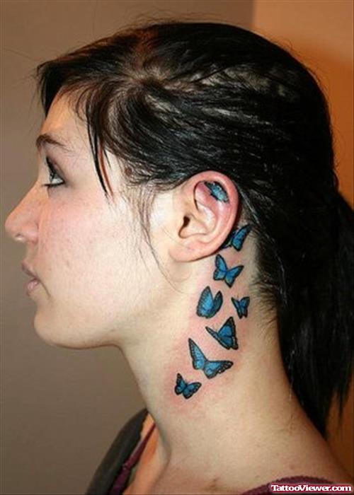 Blue Butterflies Side Neck Tattoo