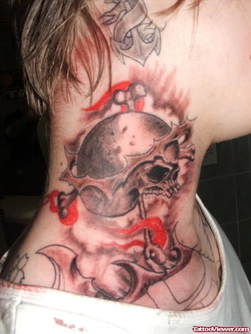 Grey Tribal And Skull Neck Tattoo