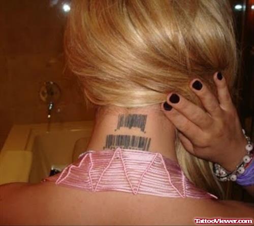 Black Ink Barcodes Back Neck Tattoo