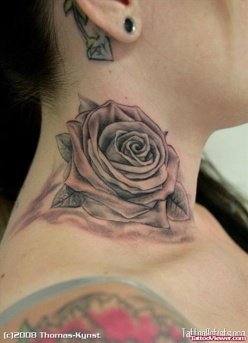 Grey Ink Rose Flower Neck Tattoo