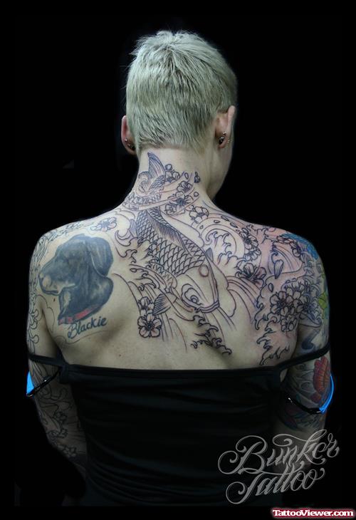 Grey Ink Flowers And Koi Neck Tattoo
