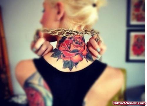 Girl With Red Rose Back Neck Tattoo