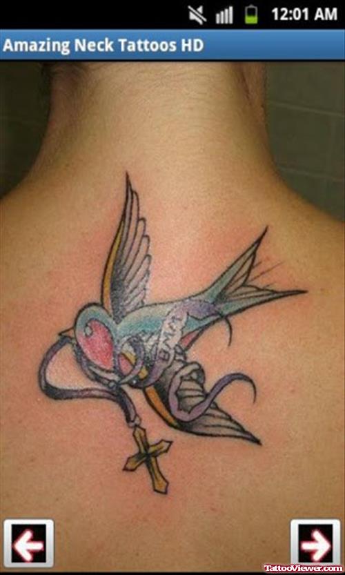 Flying Swallow And Rosary Neck Tattoo