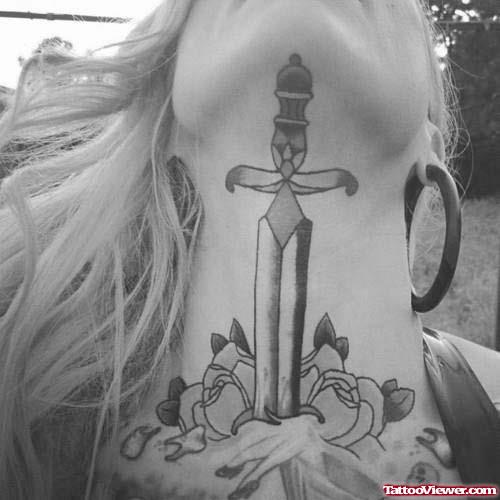 Dagger And Flowers Neck Tattoo