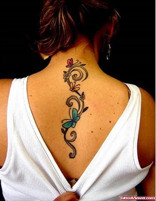 Colored Butterflies And Swirl Neck Tattoo
