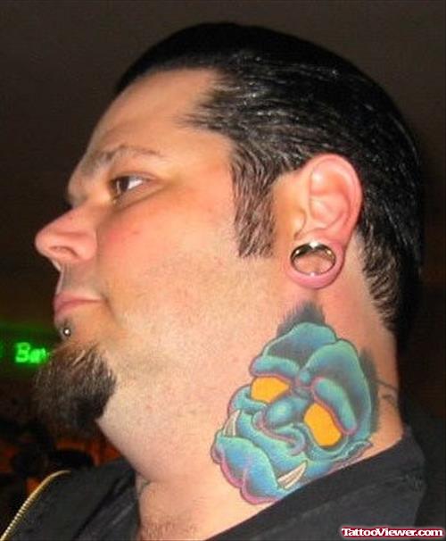 Blue Ink Demon Head Neck Tattoo