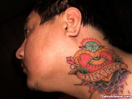 Awesome Heart Eye And Raining Clouds Neck Tattoo
