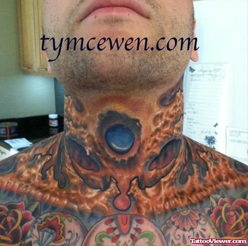 Colored Biomechanical Neck Tattoo For Men