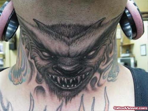 Angry Wolf Head Neck Tattoo