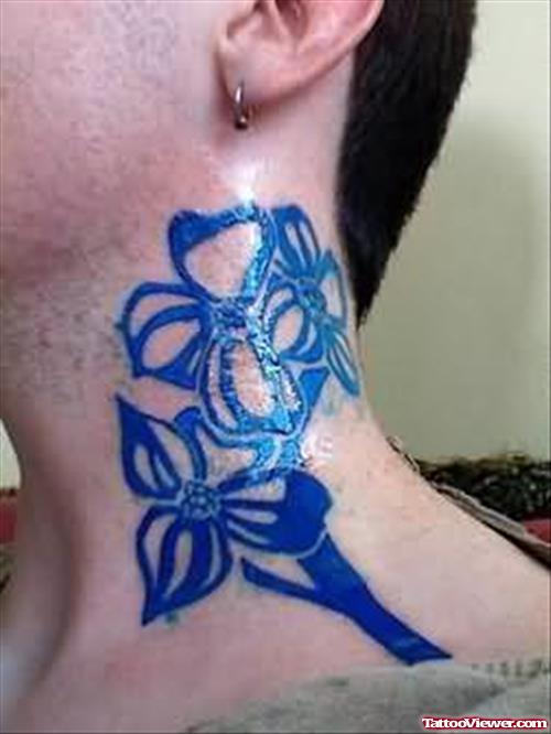 Blue Ink Flower Neck Tattoo