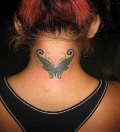 Colored Butterfly Back Neck Tattoo For Girls